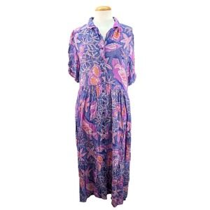 New Aura Button Front Maxi Dress Floral Tropical Cottage India Purple Size S NWT